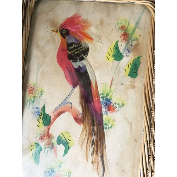 Vintage Mexican Feathers and Paint Folk Art Bird Branch Tray 1958 Note on back - Picture 3 of 9